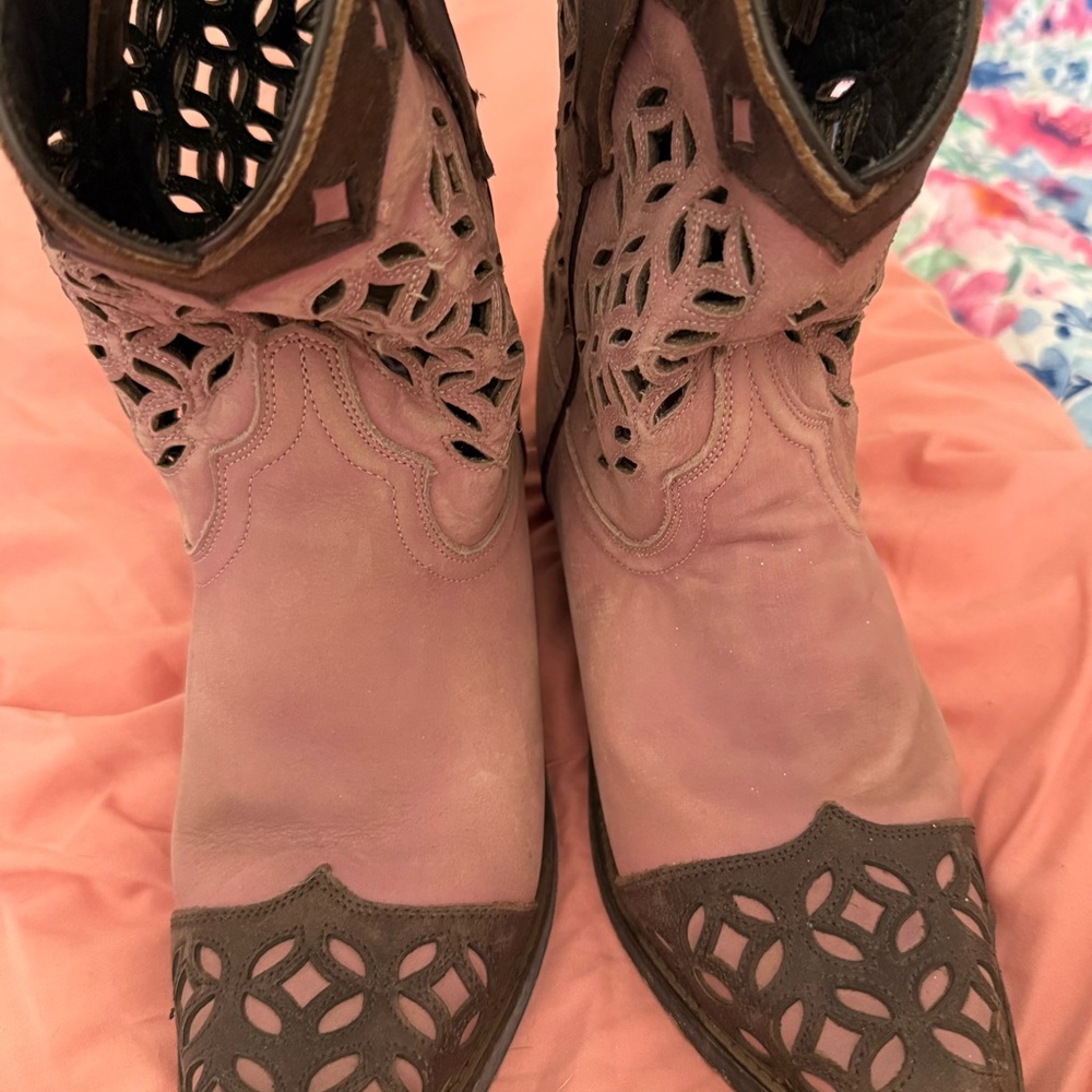 Laredo Pink Suede Cutout Western Booties with Brown Accents